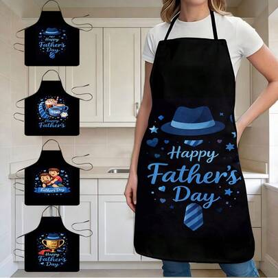 1 pieza Delantal del Día del Padre con diseño de trofeo "El mejor papá de todos", con gorra azul, estrellas, corazones y elementos decorativos de bigote. Regalo ideal para papá en la celebración del Día del Padre, delantal festivo de cocina para el regalo del Día del Padre