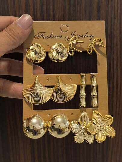 12pcs Gold-Tone Fashion Earrings Set, Includes Butterfly, Bamboo, Floral Designs, Suitable For Daily, Date, Party Wear