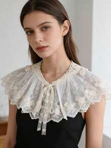 1 Pc Lace Lace Small Shawl Fake Collar, Women's Cape White Multifunctional Sun Protection With Skirt Bow Tie Tie Collar - Apricot - View 1