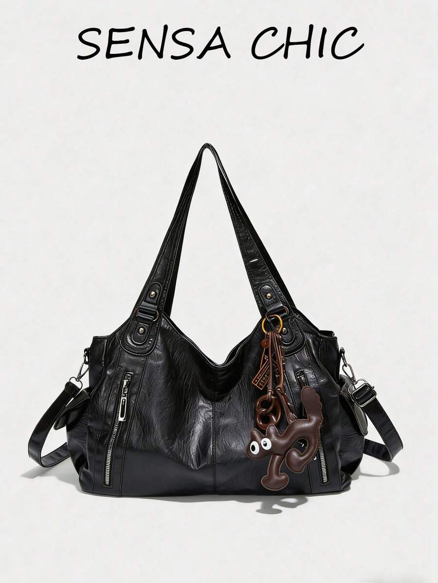 这款时尚多功能纯色大容量复古PU皮革单肩包/手提包，饰有吊坠，采用拉链设计，非常适合购物、旅行、通勤和各种场合。 - 黑色 - 查看 1