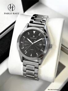 1枚PABLO RAEZ不锈钢男士腕表，黑色西装绅士腕表，顶级奢侈品牌，50米防水，银色，防褪色，简约日历显示，男士实心钢链石英表，时尚钻石刻度，高端商务腕表，适合日常佩戴，夜光指针，生日、毕业、婚礼等场合送给父亲或男性朋友的礼物 - 銀色 - 查看 2