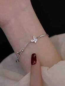 1件S925纯银精致甜美个性化小众高端蝴蝶双层手链，适合女士日常佩戴 - 銀色 - 查看 2