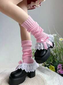 1 Pair Women's White Lolita Bow Lace Trim Flat Leg Warmers 0CWF - White - 查看 5