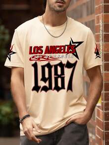 Men's Round Neck Short Sleeve Printed Casual Top, Daily Wear - Apricot - View 2