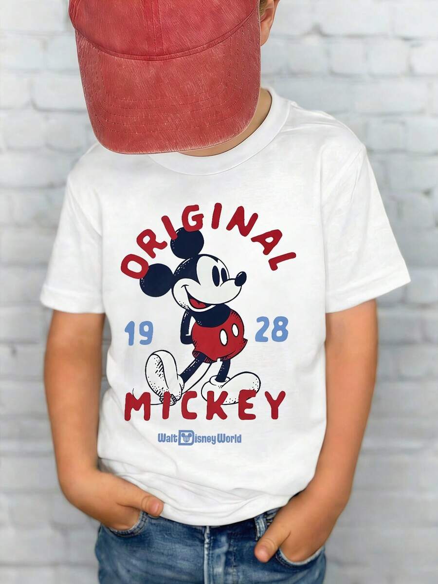 Disney Shining Boy Mickey Mouse, Themed Cartoon Print, Casual And Simple Short Sleeved T-Shirt, Suitable For Spring And Summer Seasons, Suitable For Boys And Girls To Wear. Festival Gift - trắng - Xem 1
