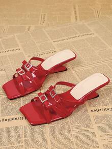 Sandalias de tacón alto con punta cuadrada y tiras cruzadas en rojo, sandalias casuales sin talón tipo mula - Rojo - Ver 2