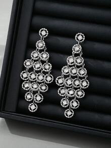 一对时尚简约优雅圆形水钻流苏吊坠耳环，百搭欧式风格 - 彩色 - 查看 7
