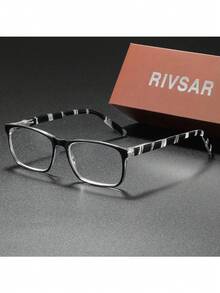 RIVSAR 閱讀眼鏡，方形花卉拼接彈簧鉸鏈鏡框，適用於辦公、電腦及日常使用 - 透明色 - 查看 75
