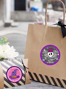 1 Roll Of 500pcs Halloween Purple Spider & Skull "Trick Or Treat" Round Stickers, Adhesive Labels - Multicolor - View 4