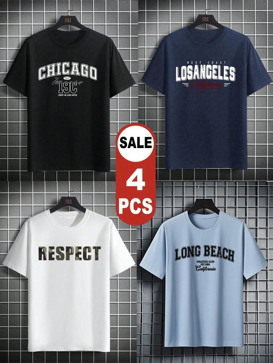 Set de 4 camisetas de manga corta de verano para hombres, incluye múltiples colores y diseños, fácil de combinar, ideal para uso diario - Multicolor - Ver 1