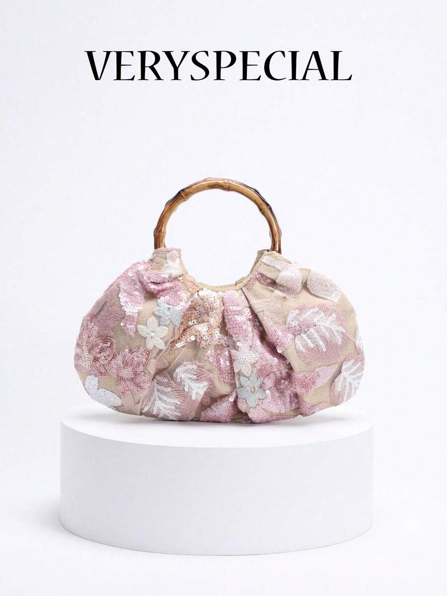 1pc Colorful PVC Sequin Patched Mesh Floral Embroidery Cloud Decor Foldable Linen Beach Tote Bag, Fashionable Unique Design For Women, Suitable For Summer Beach Holiday (Floral Pattern Random), Sparkling Sequin Bags Ladies Elegant