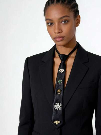  1 Pc Fashion Vintage Black Alloy Flower Accessory Tie, Korean-Style Japanese College Wind Non-Tie-Up Zipper Tie Decoration