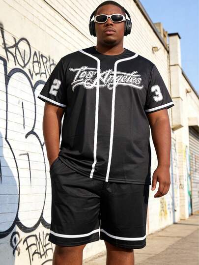 Black Geometric Letter Print Plus Size Men's Short Sleeve Set, Fashionable Drawstring Shorts & Tee 2-Piece Casual Sports Suit, 100% Polyester Lightweight Short Sleeve & Shorts Set For Summer