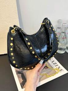 Punk Street Style Rivet Adjustable One Shoulder Crossbody Saddle Bag For Women - Black - View 8