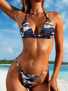两件套女士性感涤纶迷彩印花系带比基尼套装 - 三角文胸和泳裤，夏季海滩度假 - 彩色 - 查看 3