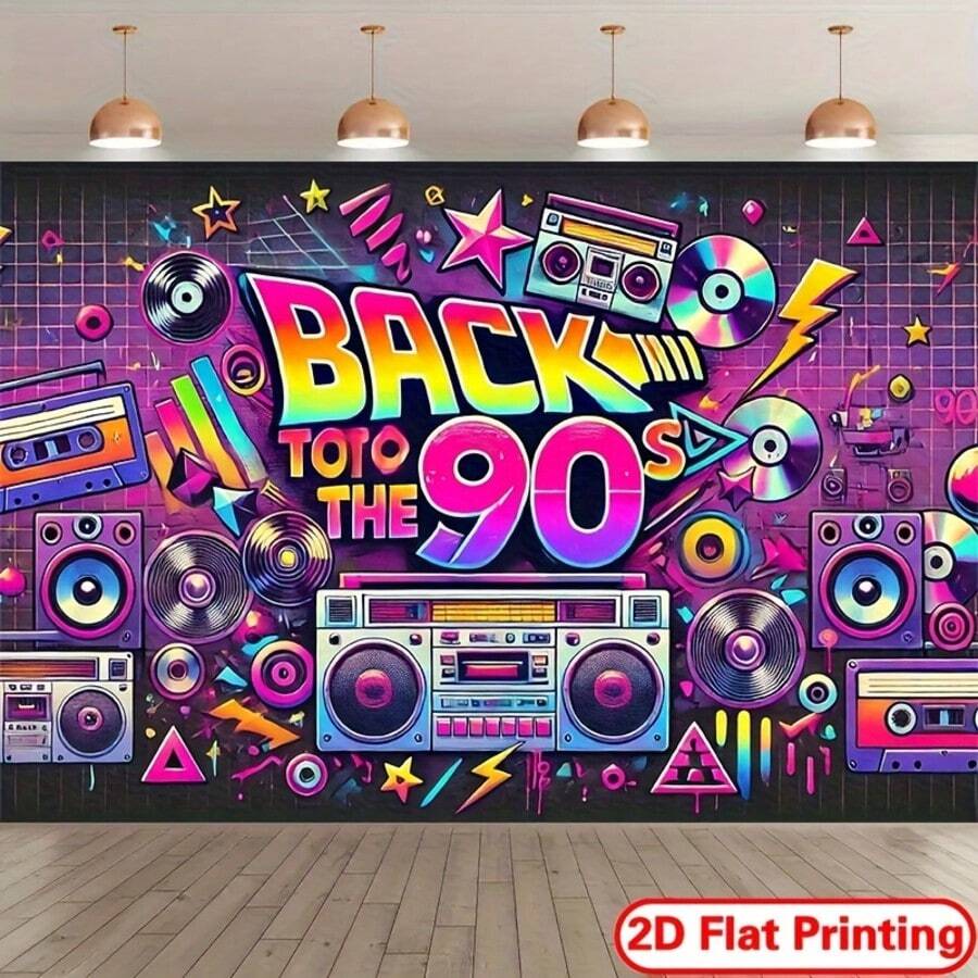 2D Flat - 2D Flat - 2D Flat, 1pc Retro Photography Backdrop, Inspired By 90s, Featuring Bright Neon Colors And Design, Including Cassette Tape, Audio Player - 3 - View 1