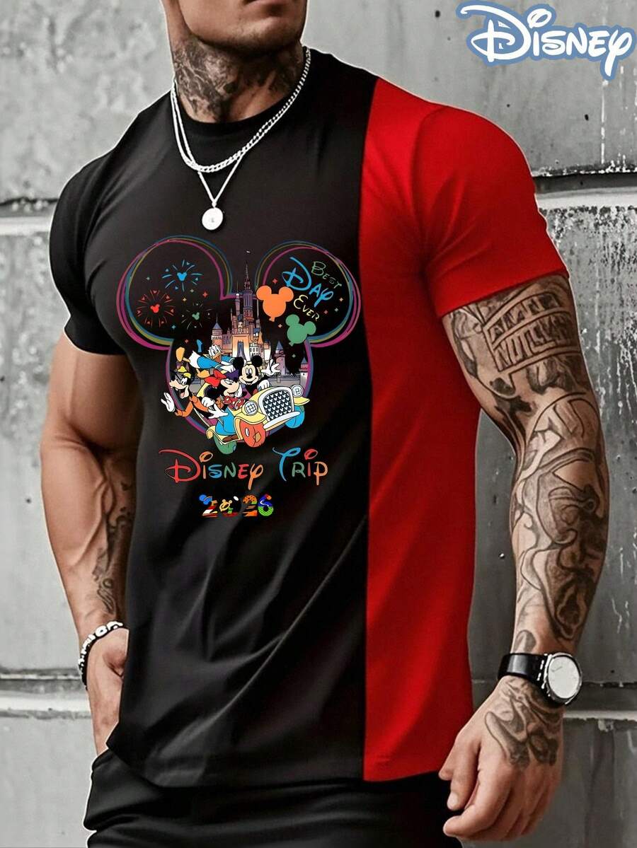 Disney Official Licensed Disney Trip 2026 Mickey & Friends Color Block T-Shirt 230g Unisex - Black and Red - View 1