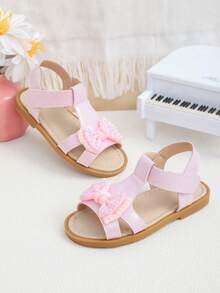 A Pair Of Children's Shiny Pearl Bow Sandals, Perfect For Summer Wear, Belonging To Roman Style Sandals, Bohemian Style Sandals. Girls' Beach Sandals, Girls' Shiny Diamond Sandals, Children's Hook And Loop Sandals, Beach Shoes And Children's Shoes. - Pink - View 2
