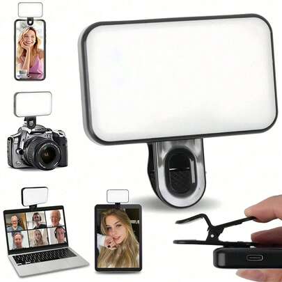 可充电夹式自拍环形灯，便携式LED自拍补光灯，兼容 15/14/13/12/11 Pro/Xs、A72/A71/A52/A51及所有安卓智能手机，适用于自拍、直播及各种拍摄场景，兼容智能手机、笔记本电脑、平板电脑。