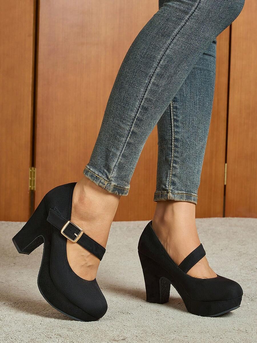 Women's Black Chunky Heel Closed Toe Low Block High Heel Pumps, Round Toe Work Shoes With Bow Decor, Comfortable Ladies Formal Shoes, Christmas Gift, Recommend Ordering One Size Down - màu đen - Xem 1