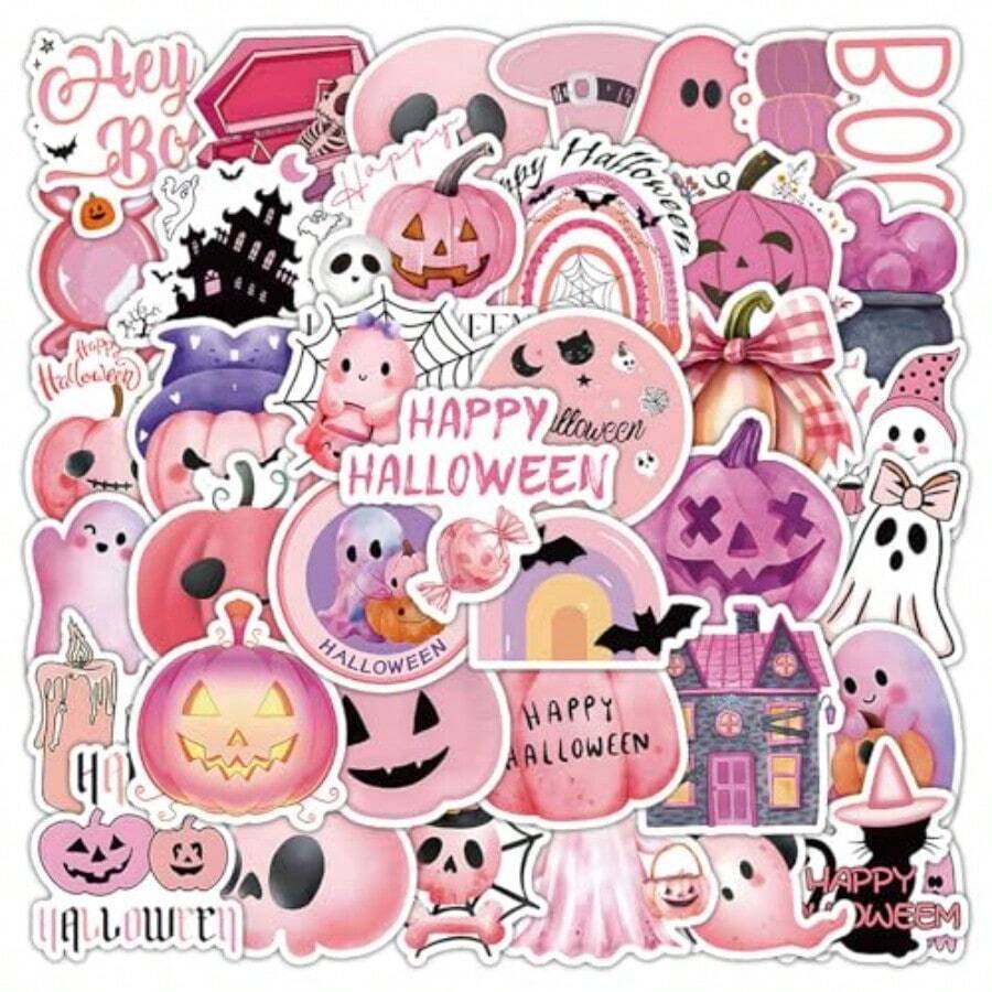 50枚 かわいい ピンクハロウィンステッカーセット ハロウィン 飾りシール 防水デカール 幽霊 カボチャ コウモリステッカーパック ギター 車 自転車 水筒 ヘルメット 携帯ノート スーツケース 装飾 日記 文房具 ギフト 誕生日 プレゼント 贈り物 - 写真の通り - チェックする 1