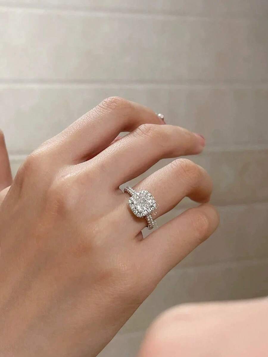 1 chiếc nhẫn vuông bằng bạc Sterling S925 sang trọng, đính đá Cubic Zirconia lấp lánh, quà tặng cho nữ nhân dịp lễ đính hôn, đám cưới và kỷ niệm. - Bạc - Xem 1