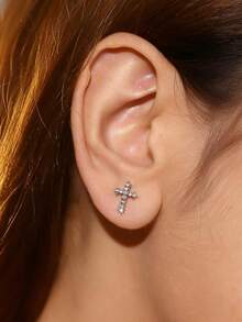 精致锌合金十字耳钉，闪亮水钻迷你耳钉，女士日常佩戴耳环 - 銀色 - 查看 2