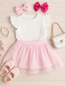 Girls' Outfit Set: Tulle Shorts Skirt With Ruffle And Cropped Top With Ruffled Frills, Pleated, Spring And Summer CJI043 - Baby Pink and Off - View 1
