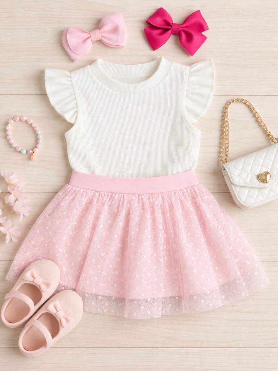 Girls' Outfit Set: Tulle Shorts Skirt With Ruffle And Cropped Top With Ruffled Frills, Pleated, Spring And Summer CJI043 - Baby Pink and Off - View 1