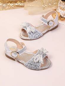 2026 Glitter Pearl Bow Girls Sandals, Silver Sequin Soft Bottom Anti-Slip Crystal Princess Shoes For Summer - Silver - View 4