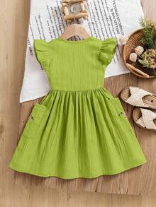 女童粉色纹理连衣裙，复古刺绣碎花半身裙，单排扣宽松娃娃裙，夏季透气短袖连衣裙 - 綠色 - 查看 2