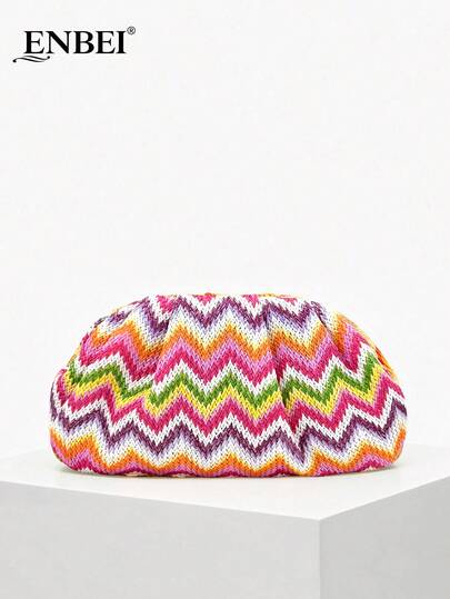  ENBEI 优雅彩虹条纹编织云朵包 - 大容量化妆包、度假手拿包、优雅女士沙滩包、时尚晚宴包。适合搭配婚纱、派对礼服，也是母亲节、情人节或婚礼季的绝佳礼物。