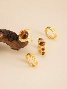 4pcs/Set Bohemian Style Asymmetrical Gemstone Inlaid Fashion Rings Set, Luxurious Casual Party Daily Wedding Holiday Versatile Charm Jewelry Gift For Women - Ring - View 6