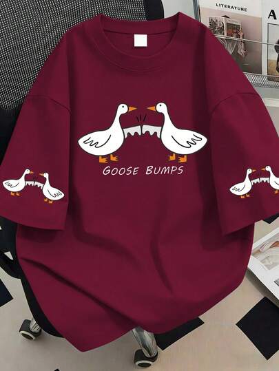 大码女式休闲夏季趣味鸭子印花圆领图案T恤