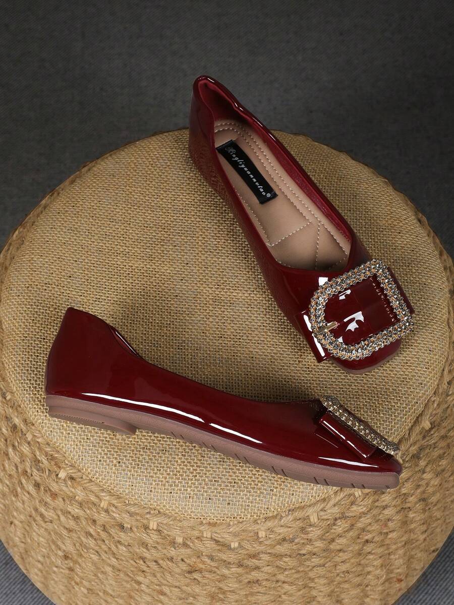 New Lacquered Leather Square Toe Shoes For Teenage Girls - Burgundy - View 1