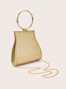 Gold Rhinestone Beaded Clutch With Metal Ring Handle - Gold - View 8