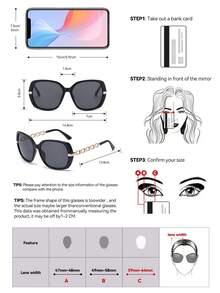 Gafas de sol de mujer con marco cuadrado grande y elegante, con templos de cadena hueca de metal, adecuadas para rostros grandes, gafas de moda para vacaciones de verano, conducir, necesidades diarias, gafas de sol retro - Negro - Ver 4