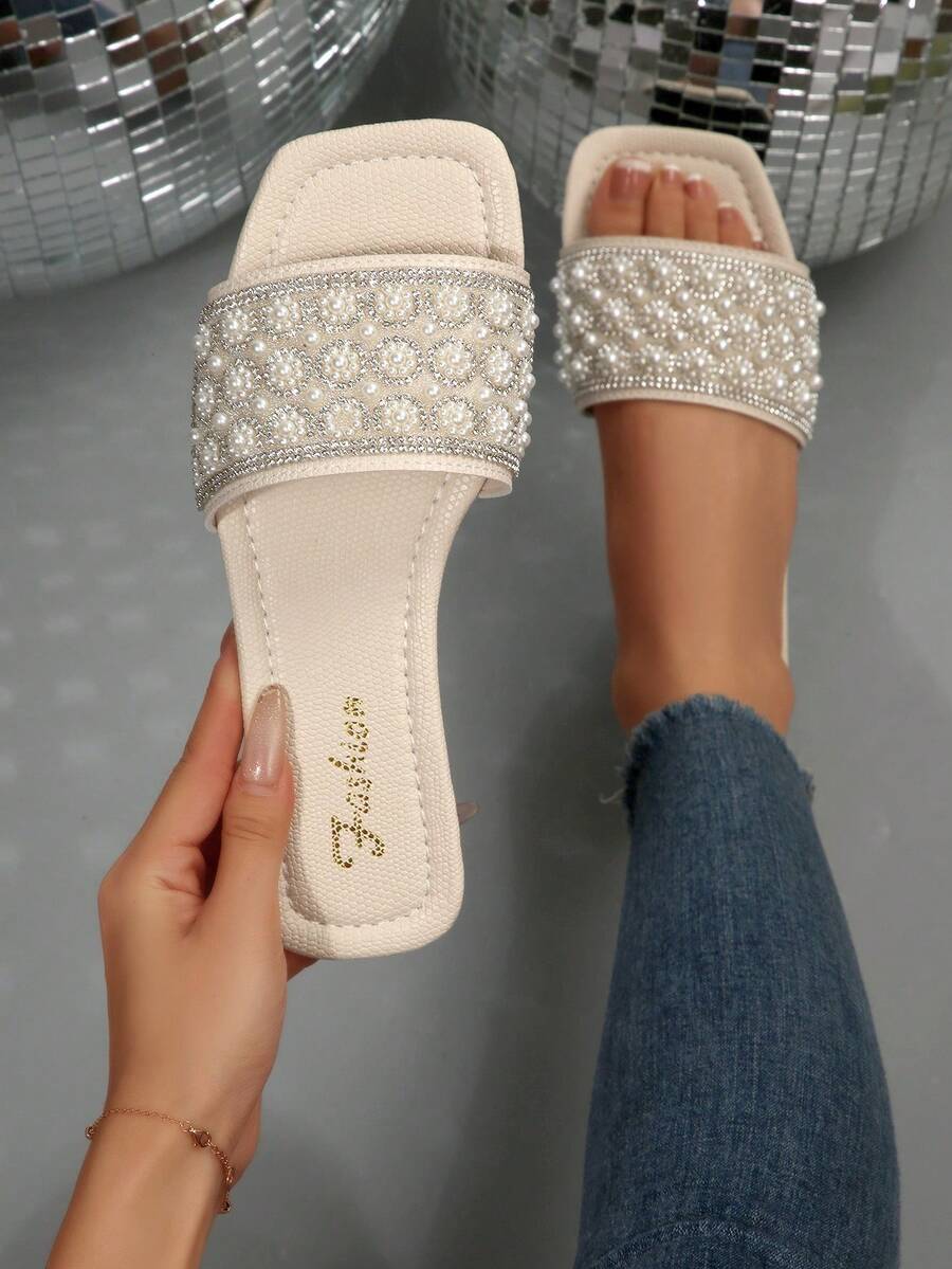 Plus Size Women's Sandals, Backless Summer New Silver Square Toe Flat Sandals, Fashion Non-Slip Soft Bottom Rhinestone Slippers, Suitable For Dresses, Leg Lengthening, Beach, Suitable For Matron - White - View 1