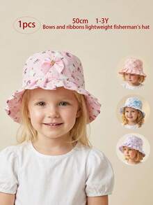 1顶儿童夏季遮阳帽，适合1-3岁幼儿，蝴蝶结装饰荷叶边渔夫帽，春夏季节适用 - 彩色 - 查看 2
