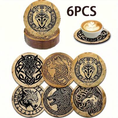 6个2D印花圆形木质杯垫，适用于庭院、厨房、客厅、家庭聚会桌面装饰，节日馈赠亲友，也适合情人节、婚礼、生日派对等家居装饰，是送给朋友的最佳礼物。