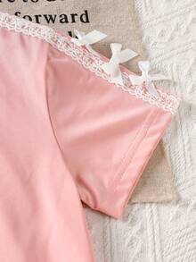 Girls' Sweet Princess Style 2-Piece Set: Pink Round Neck Short Sleeve T-Shirt (Lace Trim + Bow Decor) + Double-Layer Ruffle Hem Skirt, Fresh & Cute Children Outfit - Pink - View 6