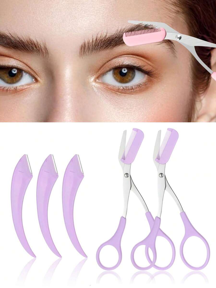 Set de 4 foarfece și pieptene pentru sprâncene în formă de L din oțel inoxidabil. Un instrument de înfrumusețare potrivit pentru toate tipurile de piele. Potrivit atât pentru bărbați, cât și pentru femei. Poate fi folosit pentru epilare, machiaj, decorațiuni interioare, toaletă, călătorii, dormitor etc. Include accesorii de machiaj și foarfece pentru sprâncene. - Violet - Vizualizare 1