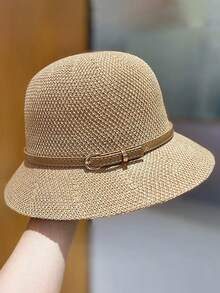 Korean Linen Woven Bucket Hat, Women Summer Japanese Style Versatile Sun Protection Hat - A - View 3