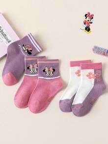 Disney 3/6双装迪士尼老鼠图案儿童船袜，可爱卡通粉紫色春夏中筒袜，女童款，迪士尼袜子 - 彩色 - 查看 3