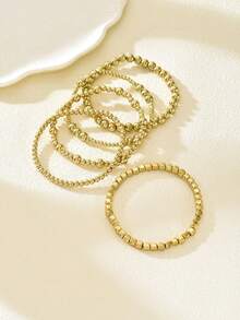 Set de 5 pulseras con cuentas de diseño geométrico cuadrado, con textura metálica, pulseras elegantes y creativas en capas, adecuadas para uso diario, fiestas, citas y ocasiones de negocios de las mujeres - Amarillo Oro - Ver 4