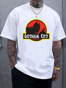 Bat Man's Casual Letter & Bat Print Short Sleeve T-Shirt, Summer Street Wear Men T Shirts Graphic Tees Street Wear 100% Cotton Gift For Batmans Fans - 白色4 - 查看 1