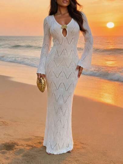 Vestido de punto blanco sexy de manga larga con escote en V para mujer, vestimenta casual de playa y resort semi-transparente