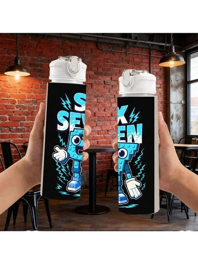 1pc 67 Plastic Water Bottle, Cartoon Character 67 Printed Design Plastic Sports Water Bottle, Flip Cap, Slim Portable Body Design, Combines Aesthetics And Functionality. Lightweight Leak-Proof Travel Beverage Bottle, Suitable For Birthday, Christmas, Halloween, Thanksgiving Gifts