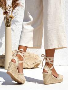 Women's Espadrille Sandals With Platform And High Wedge Heel, Comfortable High Platform And Bohemian Wedge Heel In Braided Wicker Jute Sandals, Ideal For Work, Leisure And Vacations, Versatile For Everyday Wear - 杏色 - 查看 5