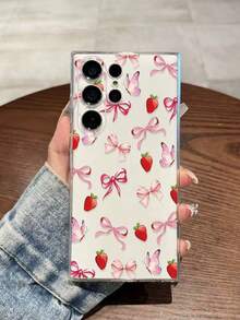 1个时尚印花穿孔透明草莓蝴蝶结彩绘防震手机壳，兼容三星Galaxy A07/A17/S26/S26 Plus/S26 Ultra、S25/S25 Plus/S25 Ultra、A16/A36/A26/A56/A50/A12/A32/A52/A72/A51/A21S/A13/A14/S24/S24 Plus/S24 Ultra、S20/S23/S22/A53/S20 FE/S21、11/12 Pro/12/12X/13 Pro/14 Pro/15 Pro/X3 Pro、10/9/Note 9/12C/Note 11 Pro/Note 8 Pro/9C/9A - 彩色 - 查看 1
